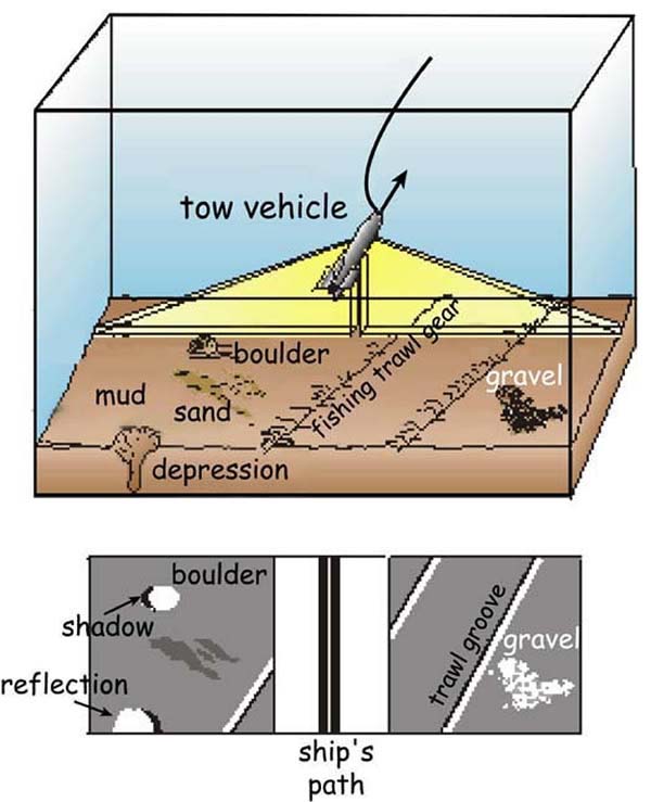 Sidescan sonar towed instrument and the sidescan data