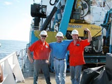 Sonsub technicians victory pose after a successful ROV test dive