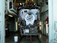 DSV Alvin waits patiently in the hangar for the day's dive.