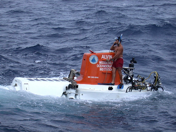 Alvin during recovery at the end of a day spent exploring the seafloor on the Blake Ridge.