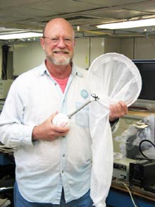 Nets with softballs attached to the handles are used as a ‘gripper’ for the ROV manipulator arm.