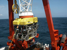 The VICTOR ROV (Remotely Operated Vehicle), (Ifremer, France) being deployed from  the R/V POLARSTERN (AWI, Germany)