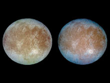 This image shows two views of the trailing hemisphere of Jupiter's ice-covered satellite, Europa.