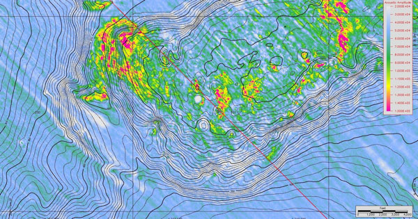 Bathymetric map with sea-floor amplitude underlay of the investigative site.