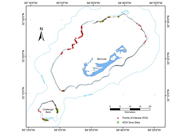 Multibeam map of the shelf edge of the Bermuda Platform and Challenger Bank overlaid on top of the nautical chart of the island.