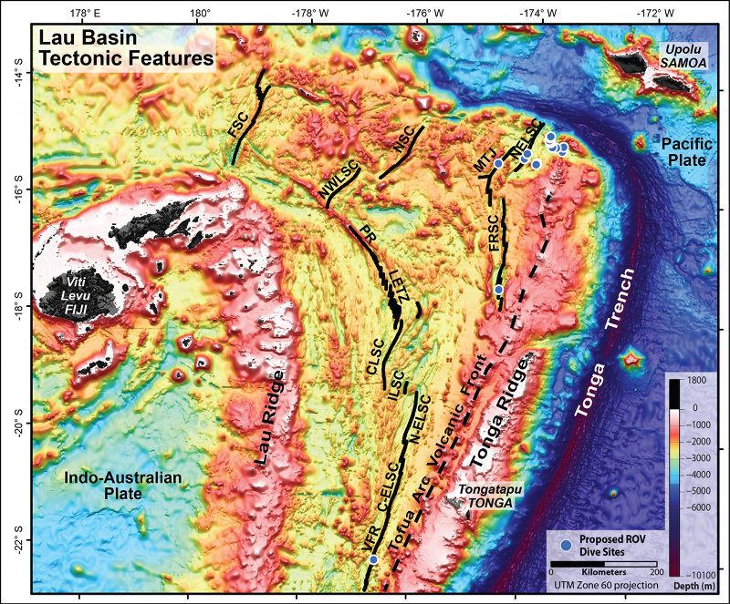 Tectonic features of the Lau Basin overlaid on satellite altimetry data, modified from Martinez and Taylor Geophysical Monograph 166, 2006. The Spreading centers and ridges are shown with black solid lines: Valu Fa Ridge (VFR), Central Eastern Lau Spreading Center (C-ELSC), Intermediate Lau Spreading Center (ILSC), Central Lau Spreading Center (CLSC), Lau Extensional Transform Zone (LETZ), Peggy Ridge (PR), North-West Lau Spreading Center (NWLSC), Niuafo’ou Spreading Center (NSC), Futuna Spreading Center (FSC), Mangatolu Triple Junction (MTJ), Fonualei Rift and Spreading Center (FRSC), North-East Lau Spreading Center (NELSC). Tonga trench, ridges and tectonic plates are also noted.