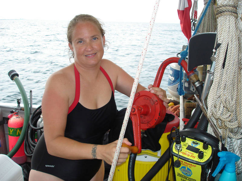 Starr Cox pumping diesel fuel from the main fuel tank into the generator tank. With a full tank, the generator will give us more than 36 hours of running time. It is necessary to keep the refrigerator, air conditioner, and boat electronics running.