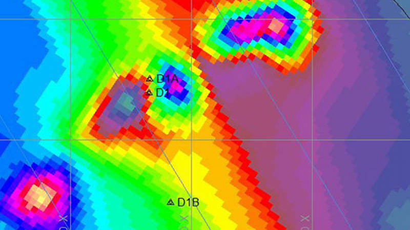 This magnetic contour map shows some of the magnetic anomalies at Target 1, Drop 1.