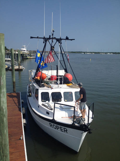 Roper prepares to leave its dock in St. Augustine for Cruise 2. At the bow is Dr. Sam Turner, having just taken in the bowline.