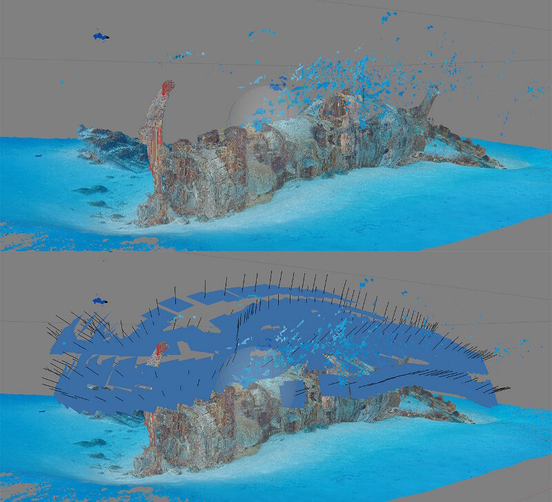 Side view of a model of a Corsair, compared with model showing camera locations.