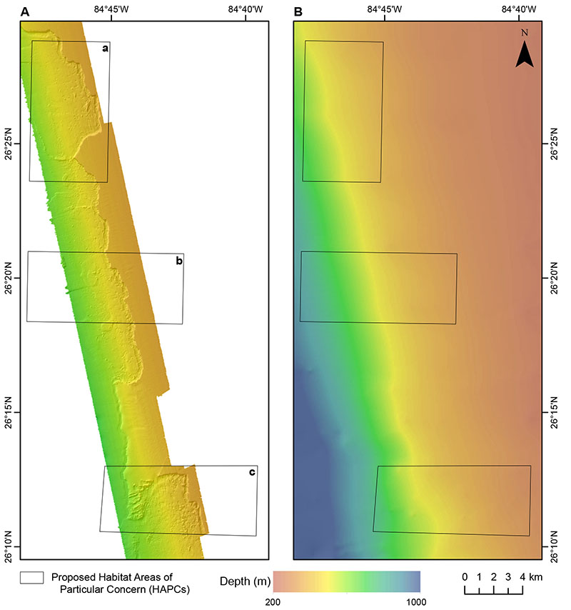 Map comparing depth information along the West Florida slope collected from A) a multibeam echosounder on NOAA Ship Nancy Foster and B) the NOAA Coastal Relief Model. Color indicates depth, with red showing shallower areas and blue for deeper areas. Note that the mound and ledge features explored by the remotely operated vehicle Odysseus, operated by Pelagic Research Services, on this expedition are discernible in the high-resolution data depicted in A but not in the moderate-resolution data depicted in B. The illustrated area includes three proposed Habitat Areas of Particular Concern: a) Long Mound, b) North Reed, and c) Many Mounds.