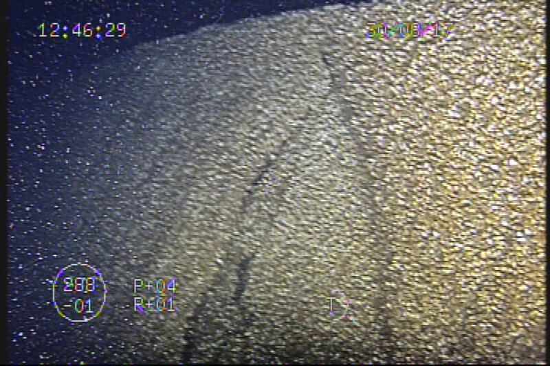 A buckled, collapsed area of Choctaw’s hull bottom. This is in the area where historical accounts reported steamer Wahcondha and Choctaw collided.