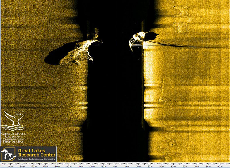 In this AUV pass over ‘Target 1’ the vehicle traveled directly over the midships section of the vessel. Here, two upright masts were well seen, one to the right and one to the left. The shadows of intact rigging are also visible around the bow (right).