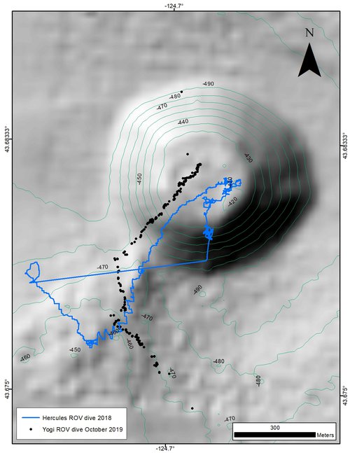 Figure 2: ROV Yogi (black) and Hercules (blue) dive tracks along the seafloor mound.