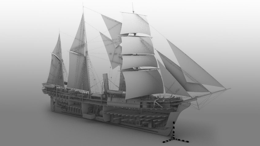 The starboard side of U.S. Revenue Cutter Bear in its original (1874) configuration (SS Bear). The 3D scale at the bow of the ship represents 15 feet (1-foot increments from 1 to 5 feet and then 2-foot increments from 5 to 15 feet). This model was constructed using plans from the Smithsonian Institution Archives and plans from Mystic Seaport Museum.