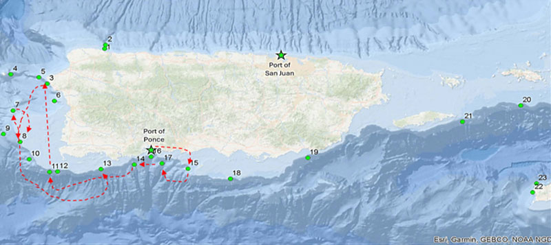 Map showing the locations of remotely operated vehicle dives conducted (red arrows) and originally planned (green dots) for Exploration of Deepwater Habitats off Puerto Rico and the U.S. Virgin Islands for Biotechnology Potential.