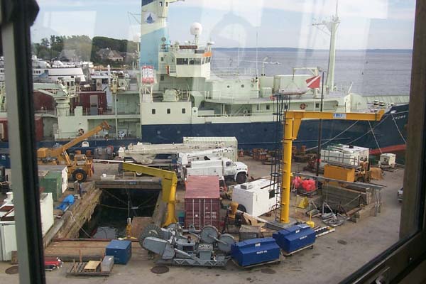 Equipment awaits loading onto the R/V Atlantis prior to embarkation