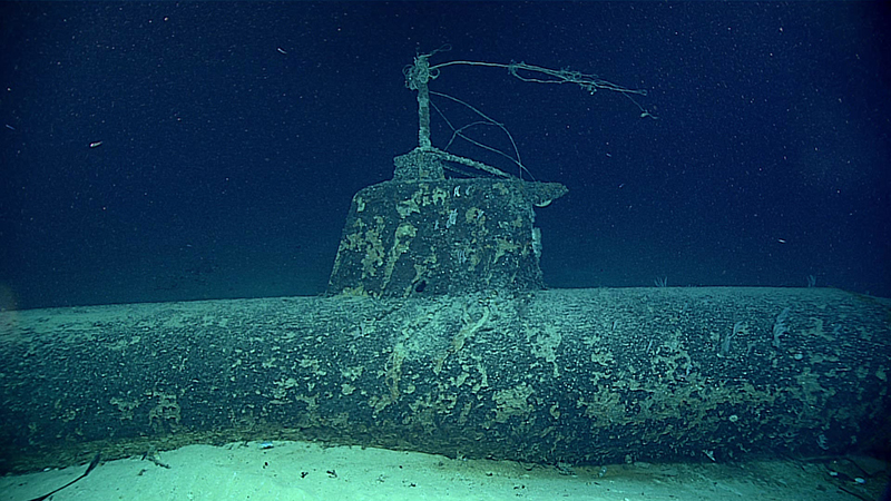 The remains of the Japanese Type A Kō-Hyōteki Miniature Submarine (HA-20) rest on the seafloor off Oahu, Hawaiʻi where it sank during the attack on Pearl Harbor. The hole from the shell that hit the submarine and caused it to sink is visible at the base of the conning tower.