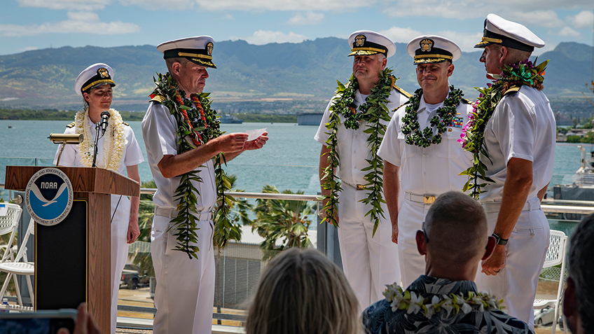 Please join NOAA Ocean Exploration in thanking and bidding farewell to Captain Colin Little, outgoing Commanding Officer of NOAA Ship Okeanos Explorer and welcoming the ship’s new Commanding Officer, Commander Tony Perry III!