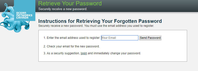 Ocean Networks Canada password recovery option.