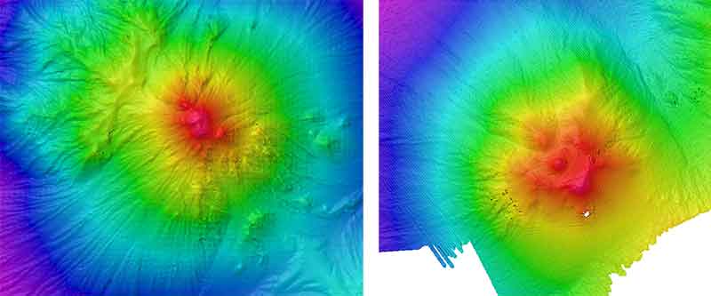 The volcanic features Target K (left) and Naung (right) have very similar conical shapes and depths at summits around 450-500 meters. Target K is 90 kilometers south of Naung.