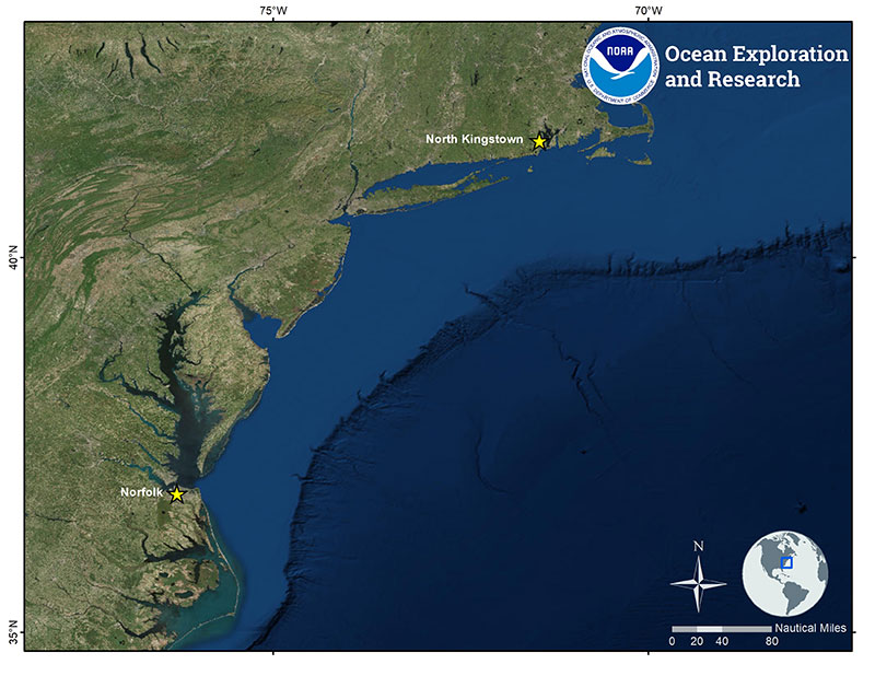 Map showing the general operating area and ports (yellow stars) of the 2019 technology demonstration expedition aboard NOAA Ship Okeanos Explorer. The specific technologies and operating area for the expedition have not been finalized, but will be announced via the NOAA Office of Ocean Exploration website once plans are refined.