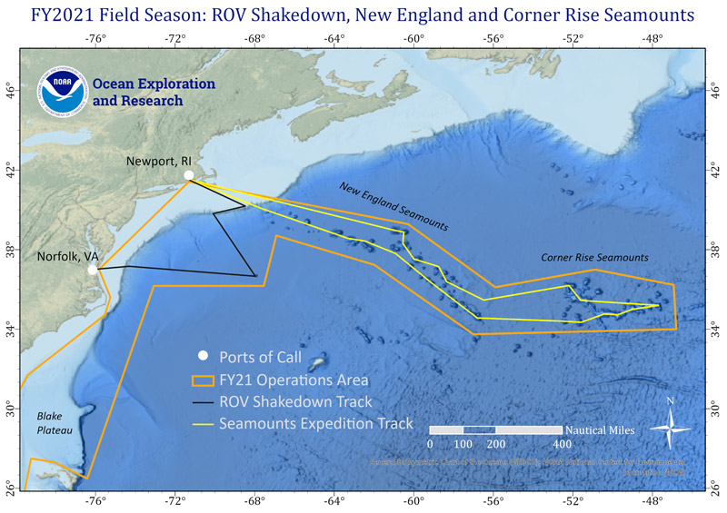 Figure 2. Map showing priority areas for exploratory mapping operations in 2021 on the Blake Plateau offshore of the southeast U.S. (colored polygons).