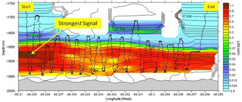 This is a plot of the data from Tow 02 on Leg 2. The x axis displays the longitude of the tow, the vertical axis is depth, and the shading along the tow is the Light Scattering Sensor data. The dark patch on the left (beginning of tow) is the strongest plume signal.