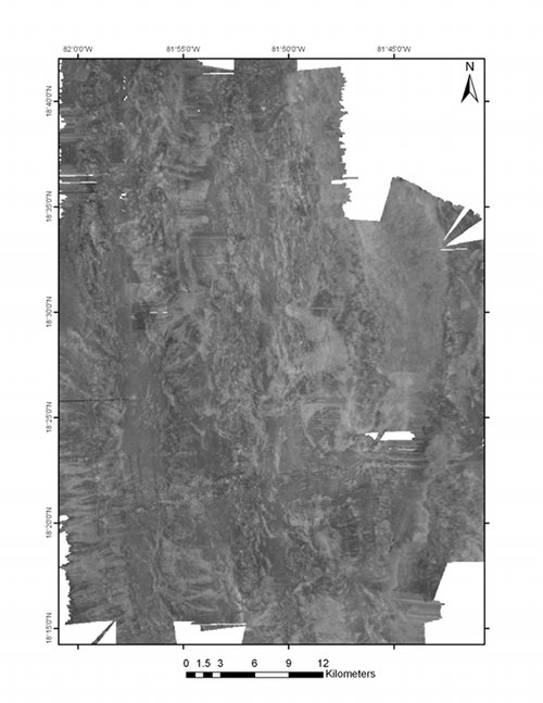 Figure 2:  Backscatter (left) and multibeam (right) 50m grids of the same area around Mount Dent collected by the EM302.  These two images, although generated from the same data file, provide very different information about the same area of the seafloor.