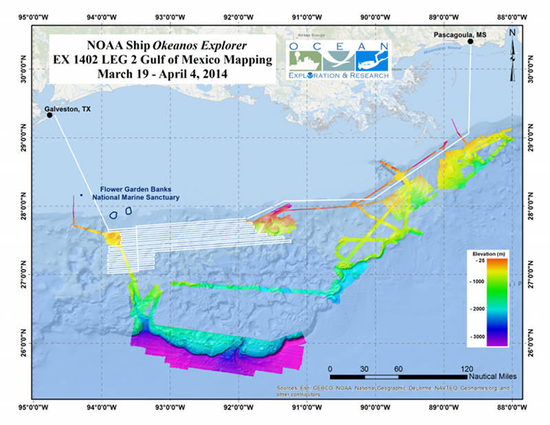 Map showing the area where the Okeanos Explorer plans to conduct operations during exploration expedition 14-02 Leg 1 in the Gulf of Mexico, USA.