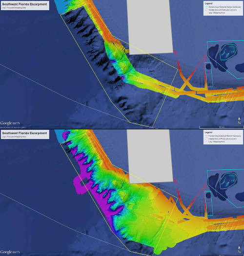 Before and after map showing operating area for Leg 1 mapping operations.