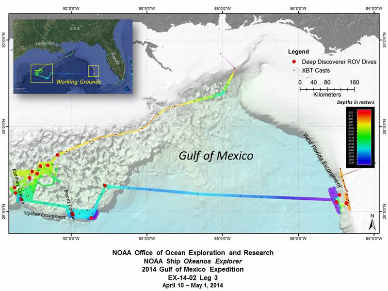 Summary map showing the approximate location of the 16 ROV dives conducted during the cruise, the 17,600 square kilometers of multibeam seafloor bathymetry data, and the location of all XBT deployments (expendable bathythermograph - a device that measures temperature through the water column. XBT software calculates sound velocity, which is applied to calibrate the multibeam data).