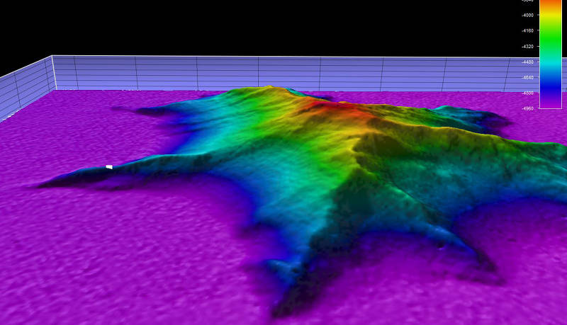 This image shows a side view (2x vertical exaggeration of the unnamed seamount we explored during Dive 10. The white dot represents the point where ROV Deep Discoverer was deployed.