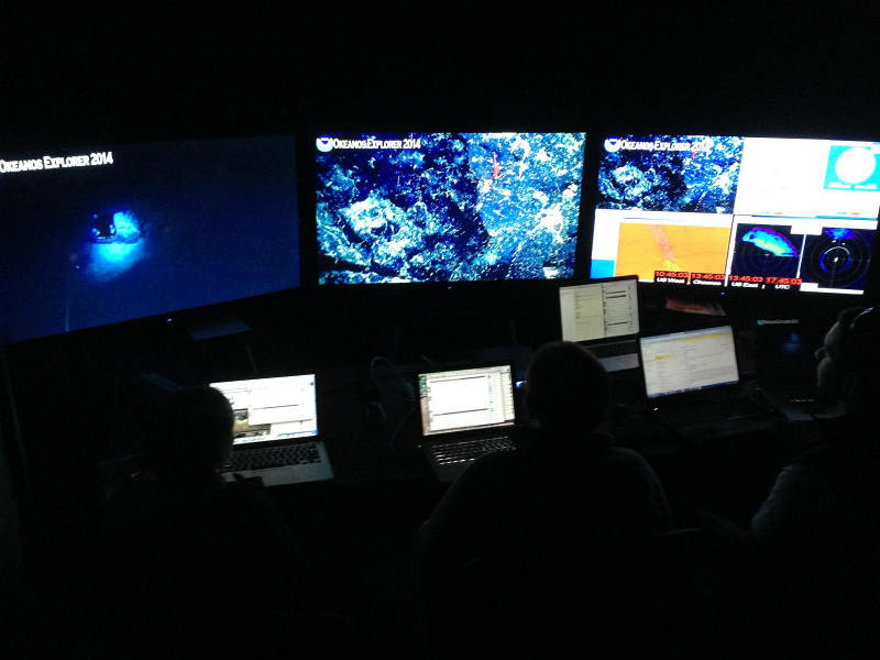 At the Mystic Aquarium Command Center, Peter Auster, Rhian Waller, Emily Duwan, and Steve Auscavitch watch a dive on Retriever Seamount.