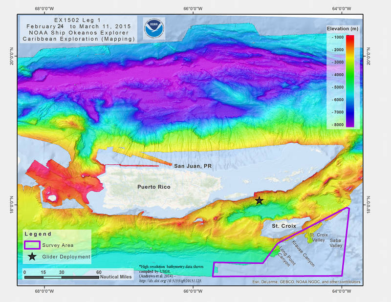 Map showing the area where the <em>Okeanos Explorer</em>  will conduct operations during the Caribbean mapping expedition, as well as the site for the glider deployment. Map created with ESRI ArcMap software.