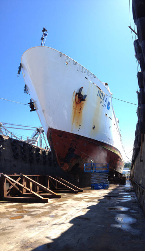 Out of the water, you can really appreciate the size of NOAA Ship Okeanos Explorer.