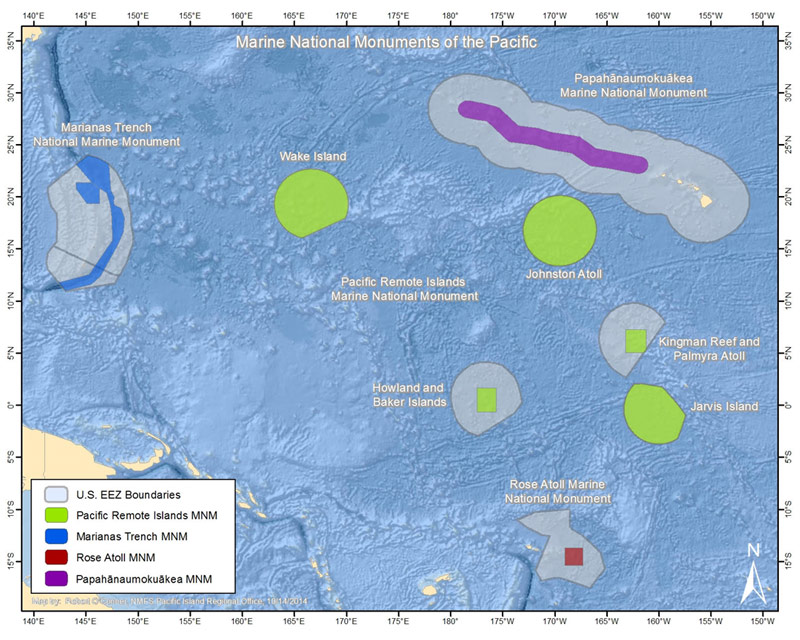 Map showing the location of Wake Island and the Pacific Remote Islands Marine National Monument, now known as Pacific Islands Heritage Marine National Monument.