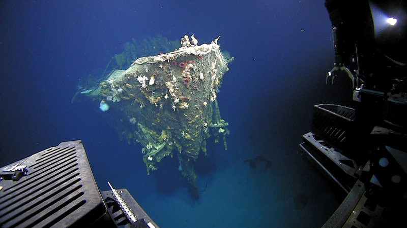 Remotely operated vehicle Deep Discoverer comes upon the bow of the Amakasu Maru No.1.