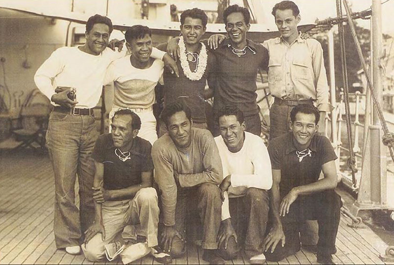 Graduates and students of Kamehameha School onboard the Itasca, 4th expedition, January 1936. Back row, left to right: Luther Waiwaiole, Henry Ohumukini, William Yomes, Solomon Kalama, James Carroll. Front row, left to right: Henry Mahikoa, Alexander Kahapea, George Kahanu, Sr., Joseph Kim. (Photo courtesy George Kahanu, Sr.). 