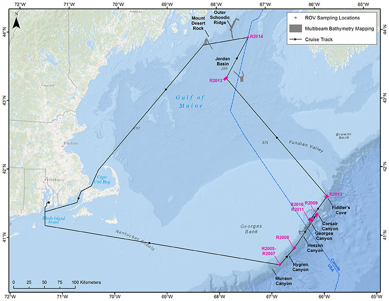 This map shows the cruise track from last year’s transboundary cruise entitled ‘Northern Neighbors’ (website). Deep Connections 2018 will build on our earlier findings obtained during the 2014 and 2017 expeditions by filling in data gaps through expansion of the areas surveyed and by exploring poorly-known canyons on both sides of the U.S.-Canada border.