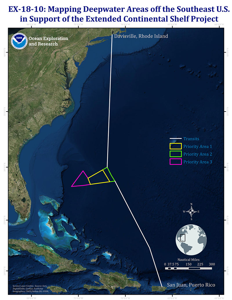 Map showing the three priority areas targeted for mapping during the expedition.