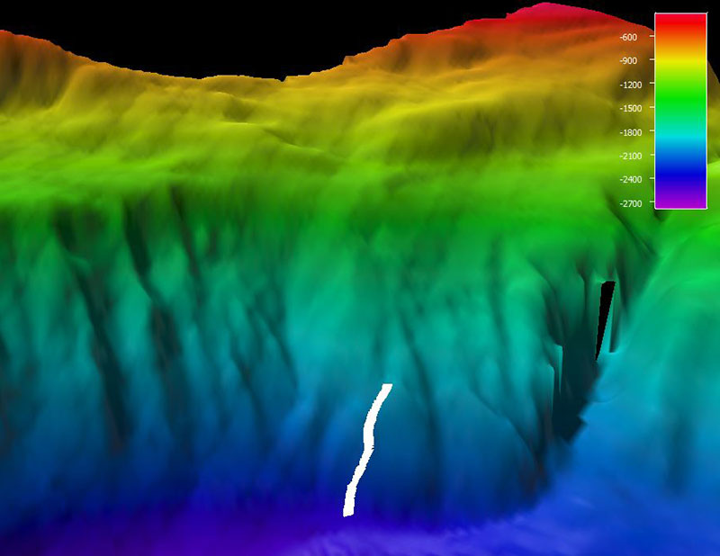Mapa que muestra el recorrido del ROV por el fondo marino durante el buceo 12 de la expedición Océano Profundo 2018. La escala muestra la profundidad en metros.