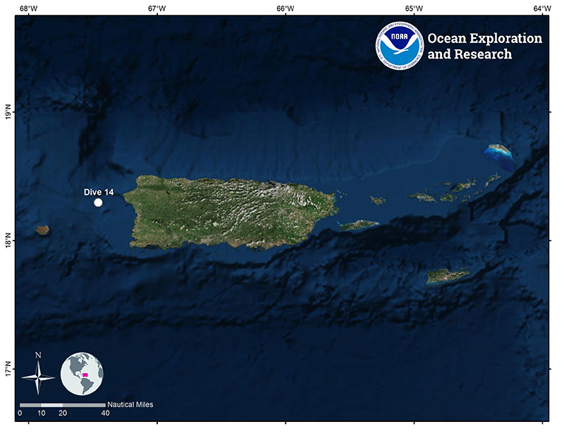 Mapa que muestra la ubicación de la inmersión de ROV número 14 de la expedición Océano Profundo 2018.
