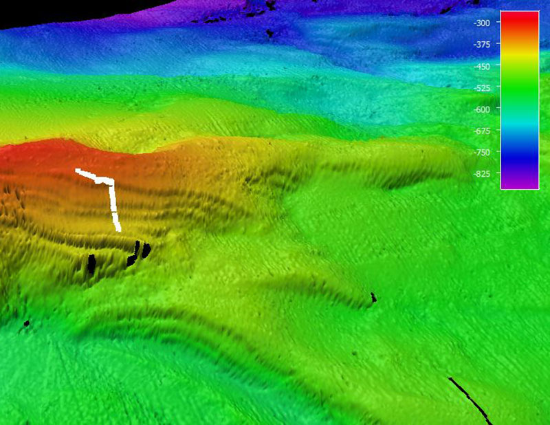 Mapa que muestra el recorrido del ROV por el fondo marino durante el buceo 14 de la expedición Océano Profundo 2018. La escala muestra la profundidad en metros.