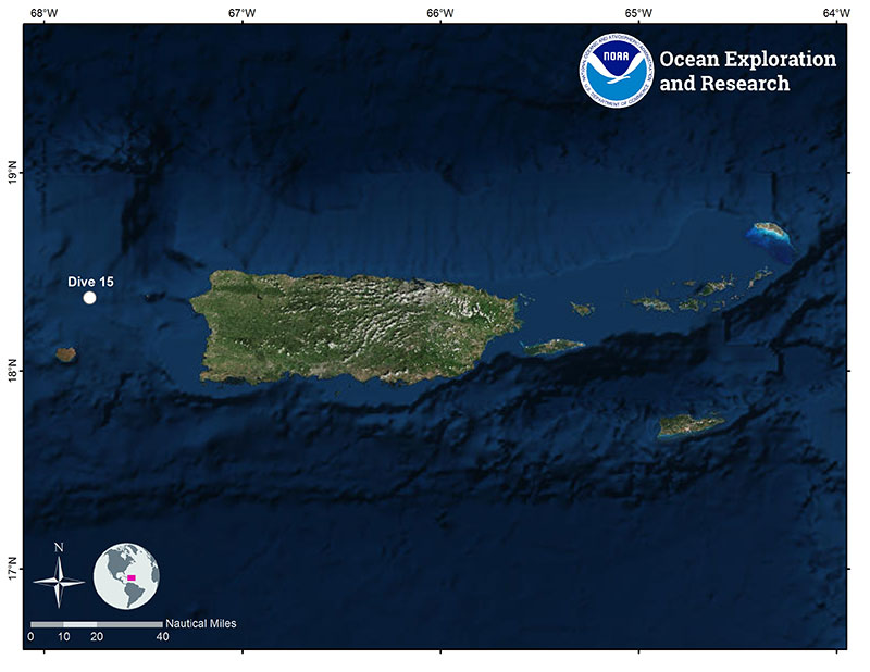 Mapa que muestra la ubicación de la inmersión de ROV número 15 de la expedición Océano Profundo 2018.