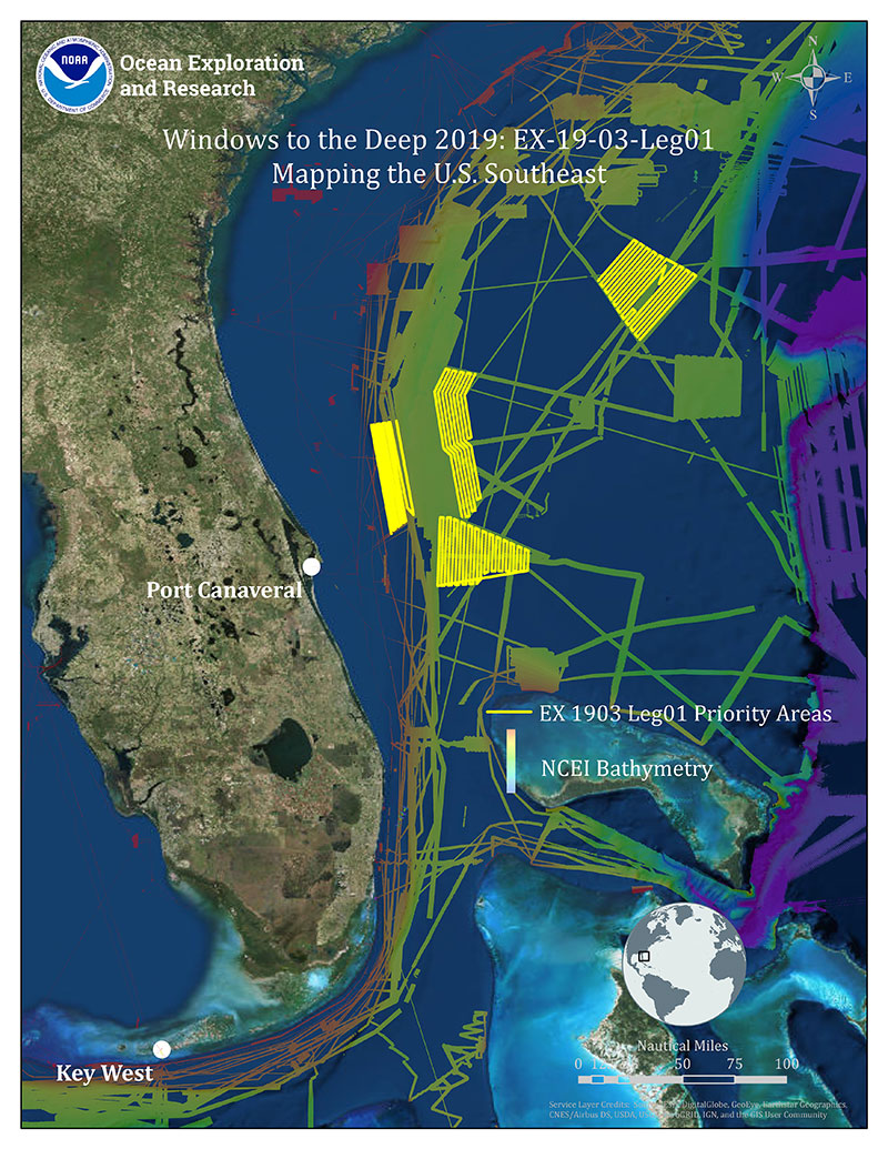 Priority operating areas for Leg 1 of the expedition, in yellow.