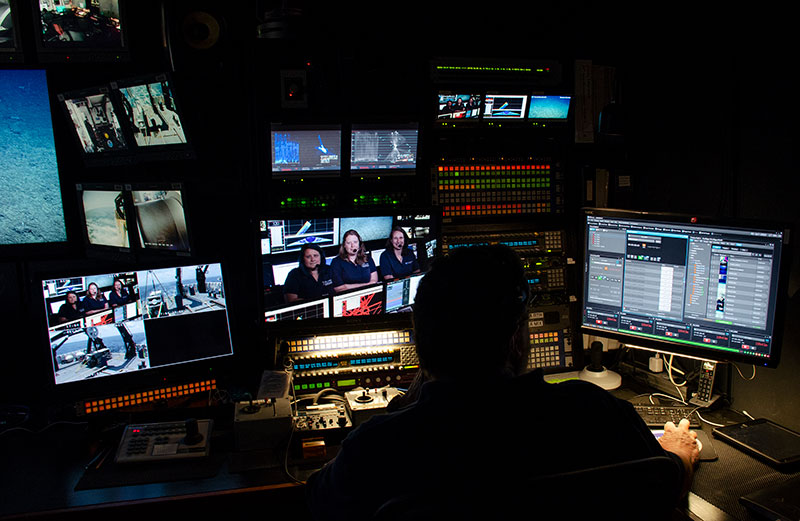 Mission control oversees the technical side of livestreaming an educational interaction between lead scientists of the Windows to the Deep 2019 expedition and summer campers at the Santa Barbara Museum of Natural History.