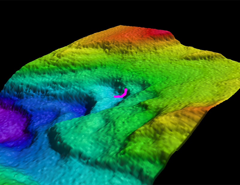 Map showing the dive track of dive 2 of the Deep Connections 2019 expedition, which explored an intriguing step-like feature inside Verrill Canyon.