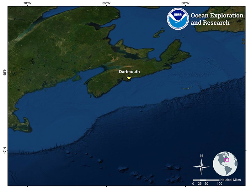 Map showing the in port location in Dartmouth, Nova Scotia, where NOAA Ship Okeanos Explorer was docked prior to the start of leg 2 of the Deep Connections 2019 expedition.