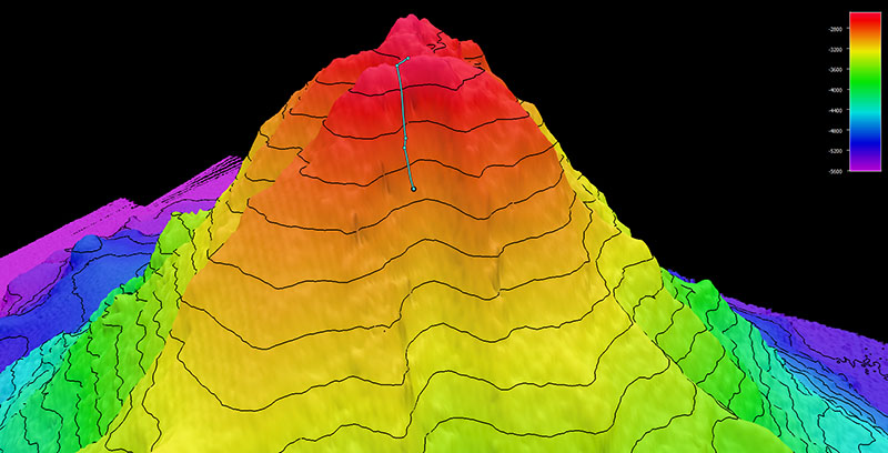 Image showing the dive track of Dive 02 of the 2021 North Atlantic Stepping Stones expedition. Scale is water depth in meters.